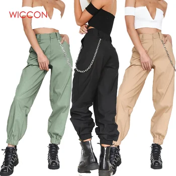 

Women Casual High Waist Cargo Pants Ladies Loose Fashion Solid Trousers Side Pockets Elastic Waist Capris Hot Sale