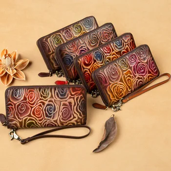 

Genuine Leather Women's Long Wallets Vintage Embossed Purse Retro Female Fashion All-match Handmade Ladies Clutch Bag