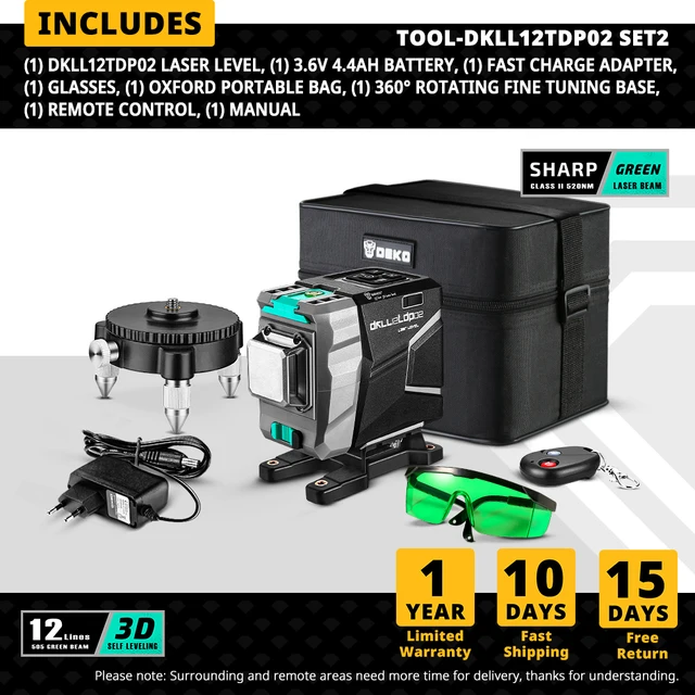 DEKO DC Series 12 Lines 3D Green Laser Level Horizontal And Vertical Cross Lines With Auto Self-Leveling, Indoors and Outdoors DKLL12tdP02-S2