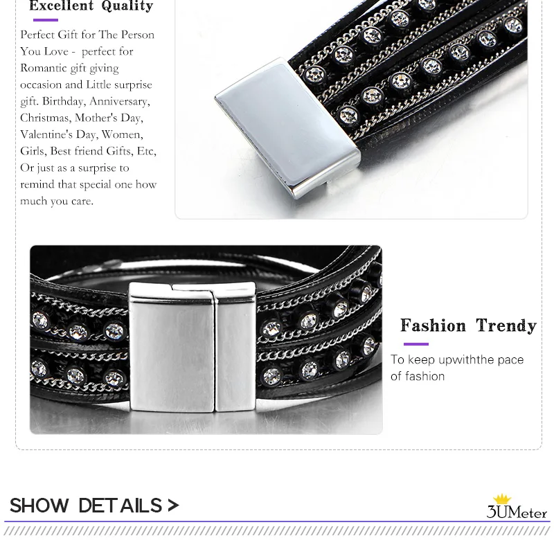 Fashion Black Multiple Layer Leather Bracelet Metal Bead Wrap Bracelets Magnetic Clasp Charm Bangle Jewelry For Women Femme