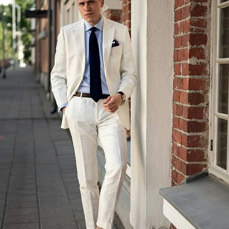 Cream White Linen Mens Groom Wedding 