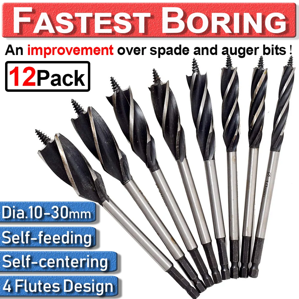 12Pcs 10-35mm SPEED Fast Cut Spade Bits Set Hex Shank Auger Wood Drill Bit Woodworking Hole Opener Joiner Self-feed Boring Tools