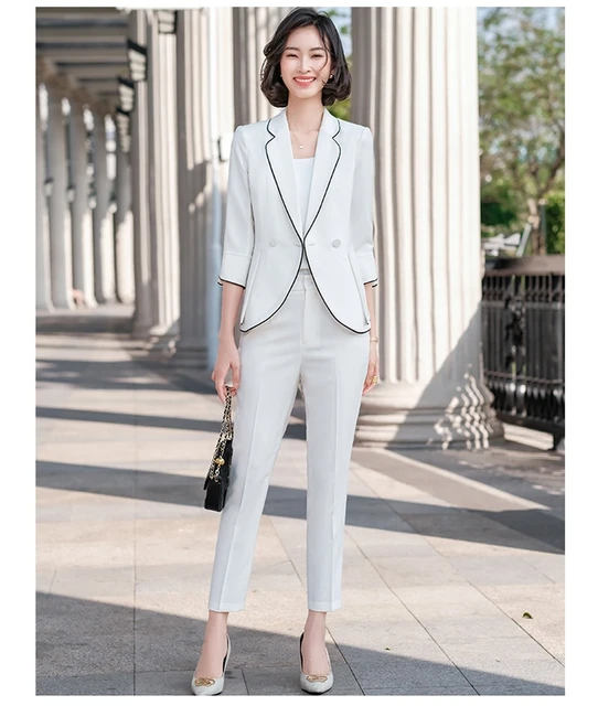 Blazer blanco informal mujer, traje de negocios, conjuntos de pantalón y chaqueta, uniforme de trabajo de oficina, Media manga _ - AliExpress Mobile