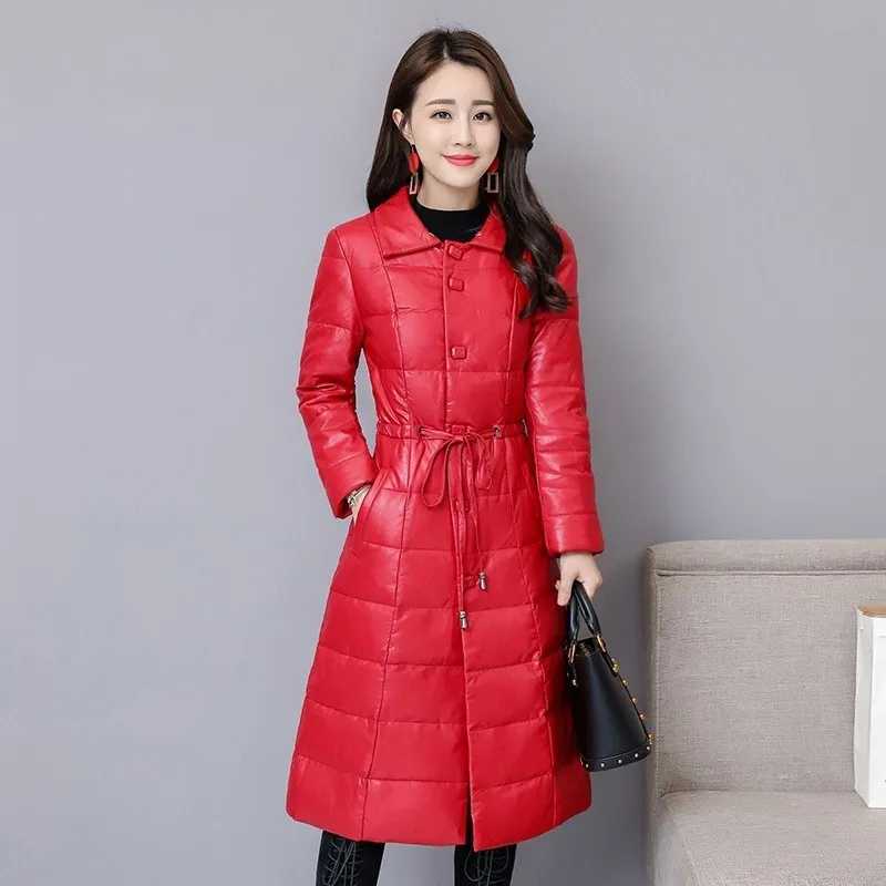 

Belt Slim Fur Collar Detachable Solid Warm PU Leather Jacket Women High Quality Thick Winter Long Coat Female OL Style Clothes