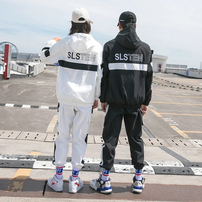 Fashion 2 Pieces Sets Mens Fashion Cargo Pullover Tracksuit Jackets Loose Fit Elastic Waist Pants Hip Ropa Deportiva Hombre