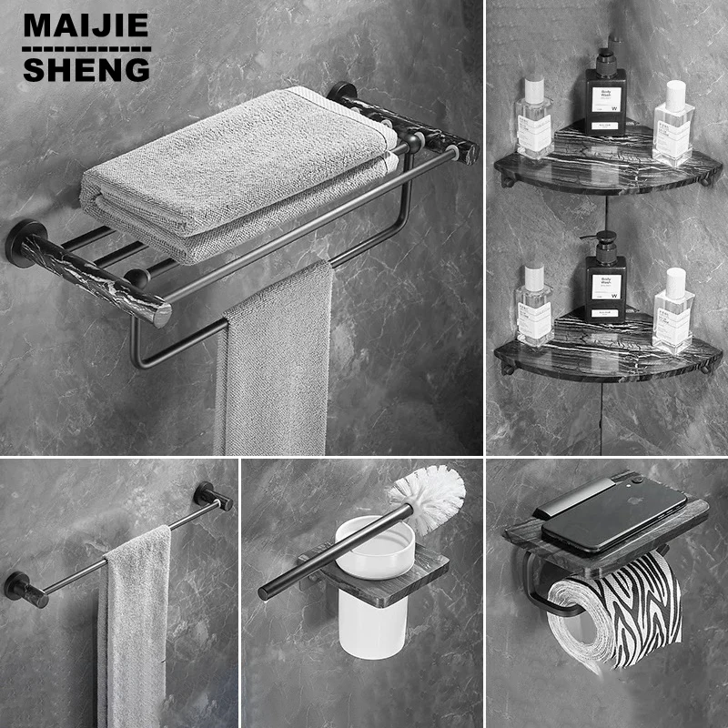 

Marble Matte Black Towel Rack Bathroom Hooks Hardware Set Towel Bar Towel Ring Toilet Brush Paper Holder Bathroom Accessories