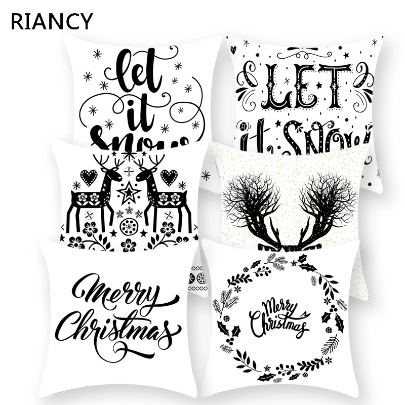 Christmas Decoration Black White Elk Letter Pattern 45*45cm Polyester Pillow Case Sofa Home Decor Soft Throw Pillowcover 40977 | Дом и сад