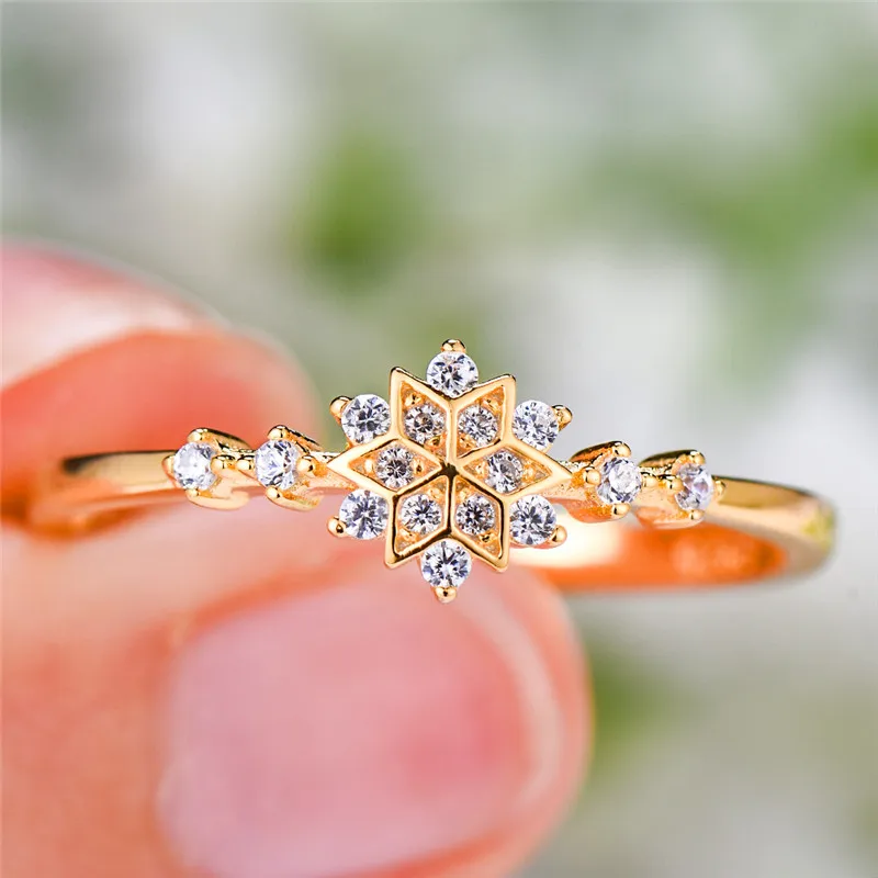 Роскошное женское цветочное кольцо-Снежинка Настоящее Серебрянное обручальное кольцо 925 пробы кольцо обещают обручальные кольца для влюбленных женщин - Цвет камня: Gold