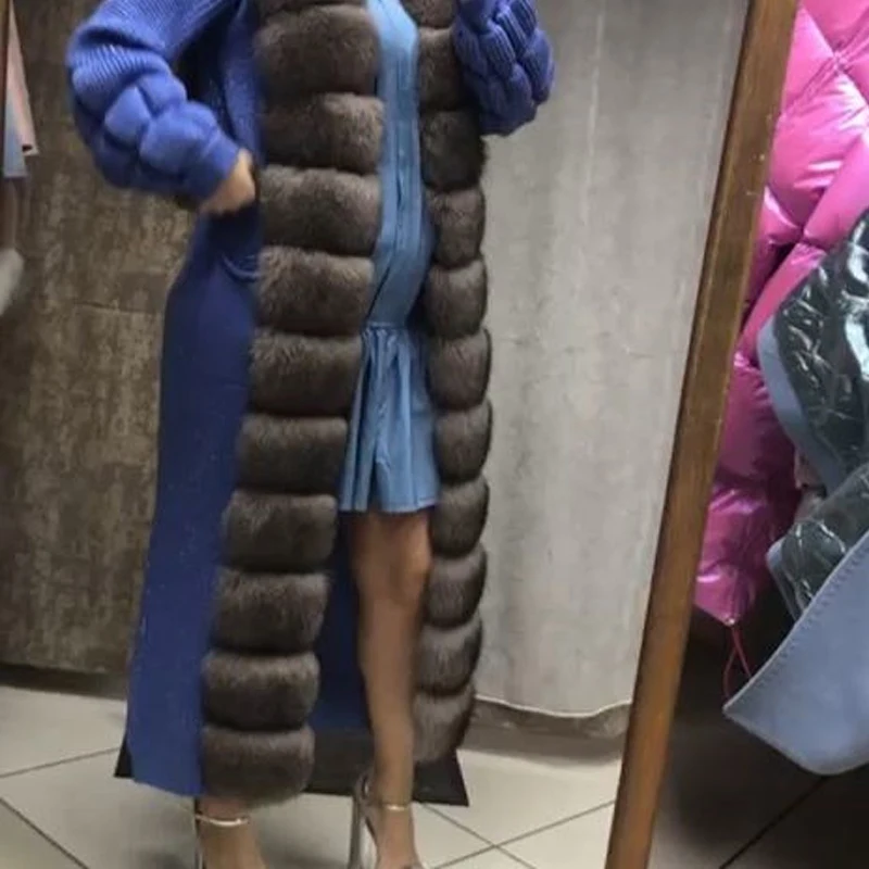 Женский кардиган из натурального Лисьего меха, длинное пальто, женские пальто, шерстяные женские пальто, верхняя одежда с мехом спереди, флисовая вязаная одежда
