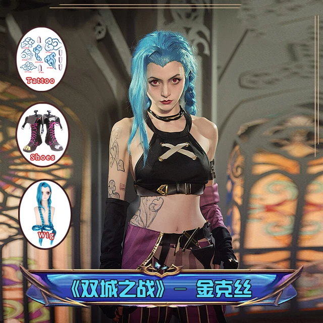 Anime LOL Arcane Cosplay Jinx Cosplay Costume Outfit Wig Shoe Tattoo League Of Legends Clothes Halloween