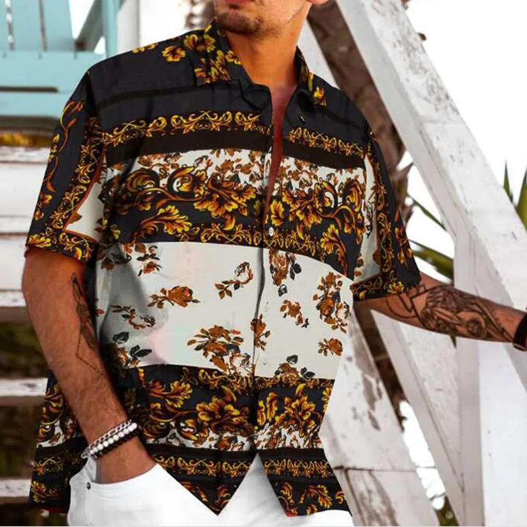 Mens Beach Hawaiian Shirt Vintage Ethnic Tropical Summer Short Sleeve Shirt Loose Cotton Floral Shirts Mens Clothing Plus Size - Цвет: Коричневый