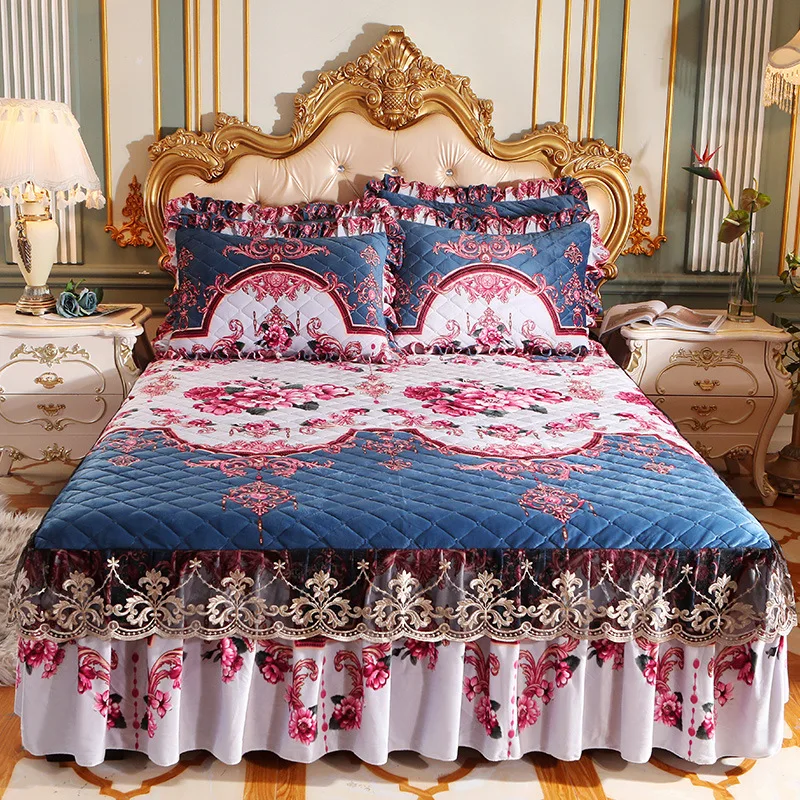 High Quality Thicken Fine Short Plush Quilted Bed Skirt King Queen Size Warm Velvet Bedspread Not Including Pillowcase
