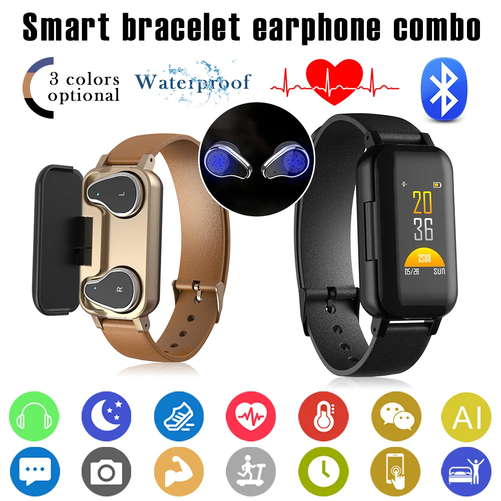 2 в 1 T89 Bluetooth Смарт бинауральные Bluetooth наушники фитнес-браслет монитор сердечного ритма Смарт-браслет универсальные умные часы