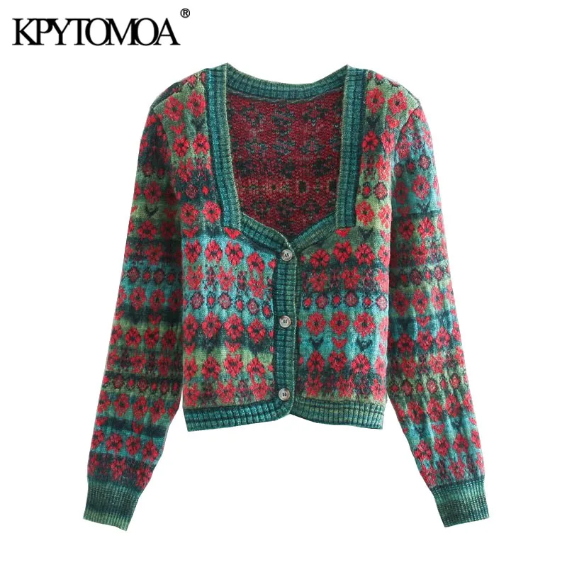 KPYTOMOA Women 2021 Fashion Jacquard Cropped Knitted Cardigan Sweater Vintage Square Collar Button-up Female Outerwear Chic Tops |