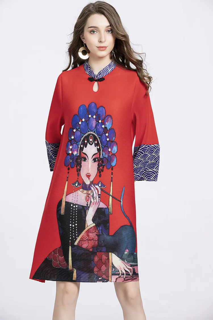 CNY Retro Beijing Opera Dress High Quality 3D Printing Fashion Short Dresses Loose Women Chic Buckle Pleated Party Dresses