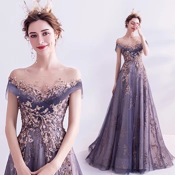 

Short Sleeves Prom Dress 2020 Long Illusion Neck Appliques Sheer Sequins Purple Party Dresses Gliter Women Arabic Evening Dress