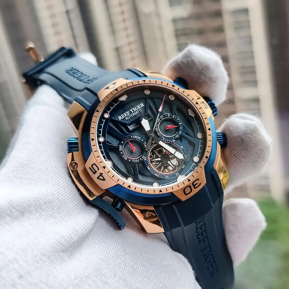 Мужские наручные часы Reef Tiger/RT с синим резиновым ремешком цвета розового золота