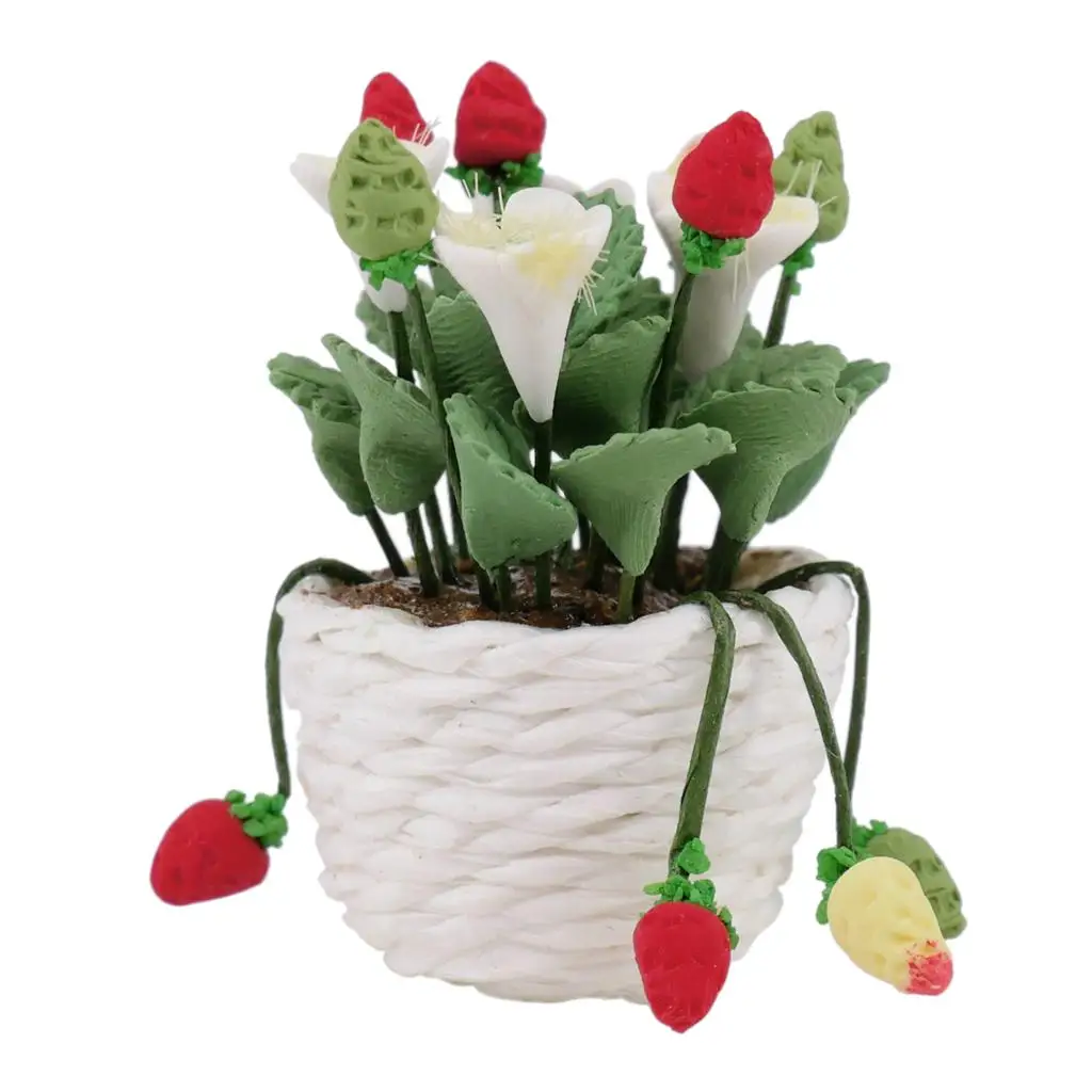 12th Doll House Flower Potted Miniature Strawberries Bonsai Model Beautiful DIY Fairy Garden Ornament Dollhouse Decor Kids Toy