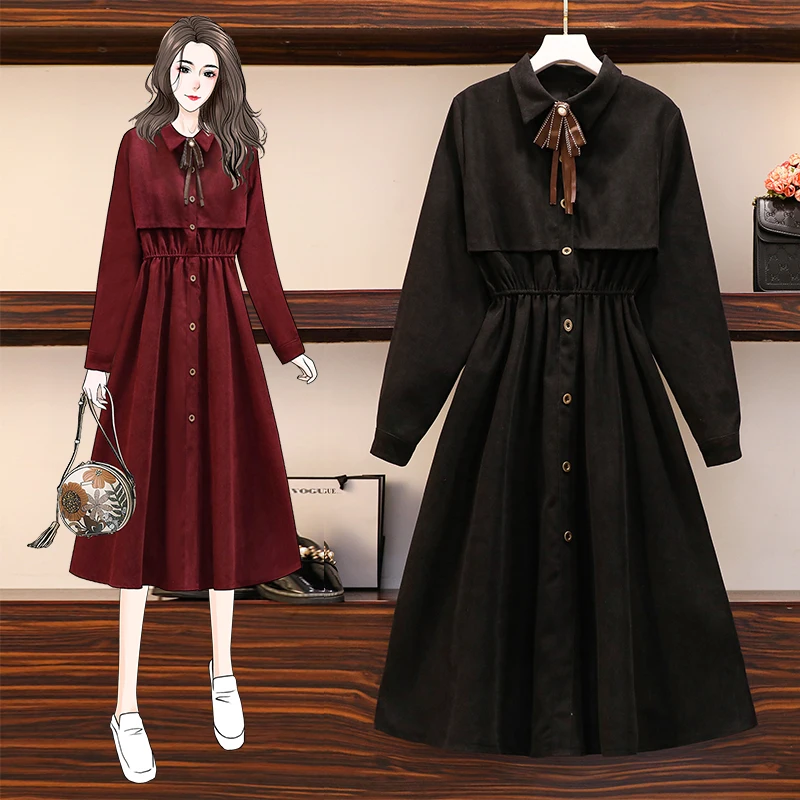 

EHQAXIN 2021 Autumn Winter Women's Dresses New Retro Long-Sleeved French Bow Button Long Princess Dress Fashion All-Match L-4XL