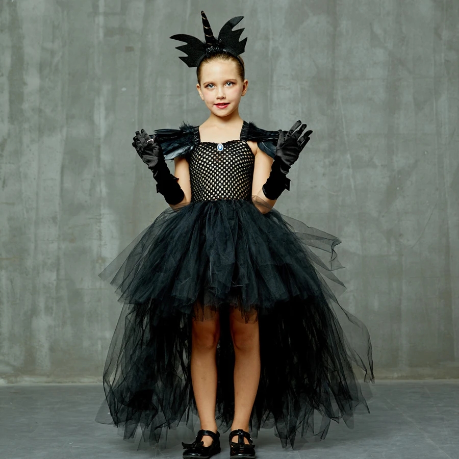 Fallen Angel Dark Gothic Black Halloween Tutu Dress Glitter Wings Girls Halloween Evening Party Ball Gown Evil Witch Costume (1)