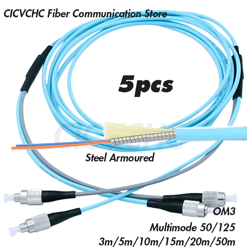 5pcs Steel armoured Zipcord Patchcord Duplex FC/UPC-FC/UPC- MM OM3 (50/125)-3.0mm Cable - 3m to 50m/ Optical fiber Jumper