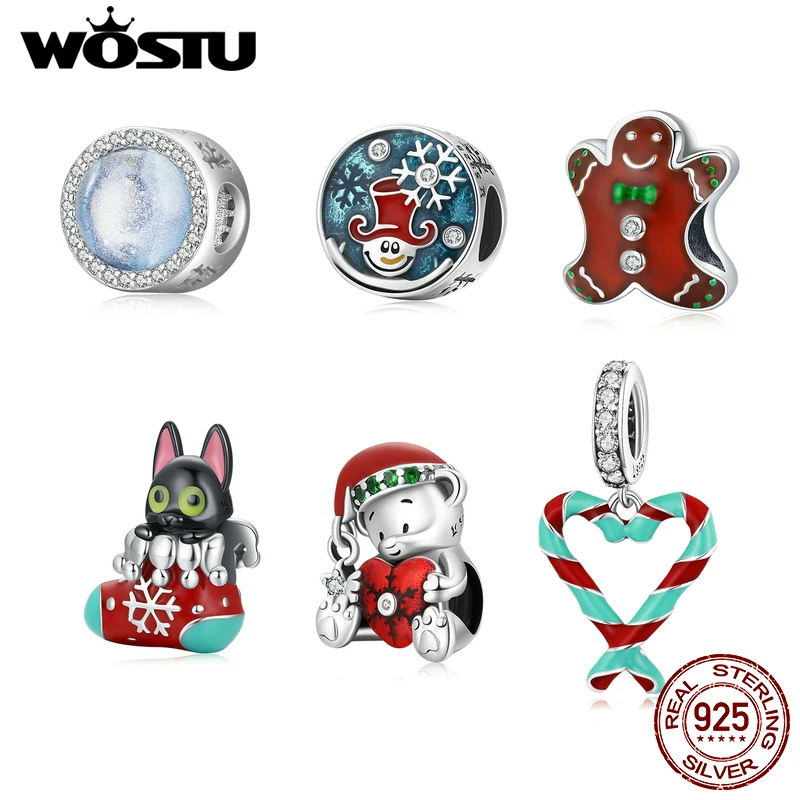 

WOSTU 925 Sterling Silver Christmas Gift Original Charms Snowflake Candy Canes Fit for Women Bracelet & Bangle s925 Jewelry Gift