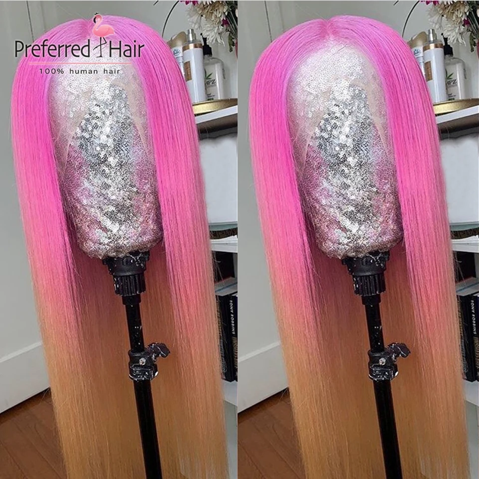 Preferred Hot Pink Straight Ombre Full Lace Human Hair Wigs 13x6 Lace Front Wig Remy Brazilian Transparent Lace Wigs For Women - Цвет: Ombre Wig