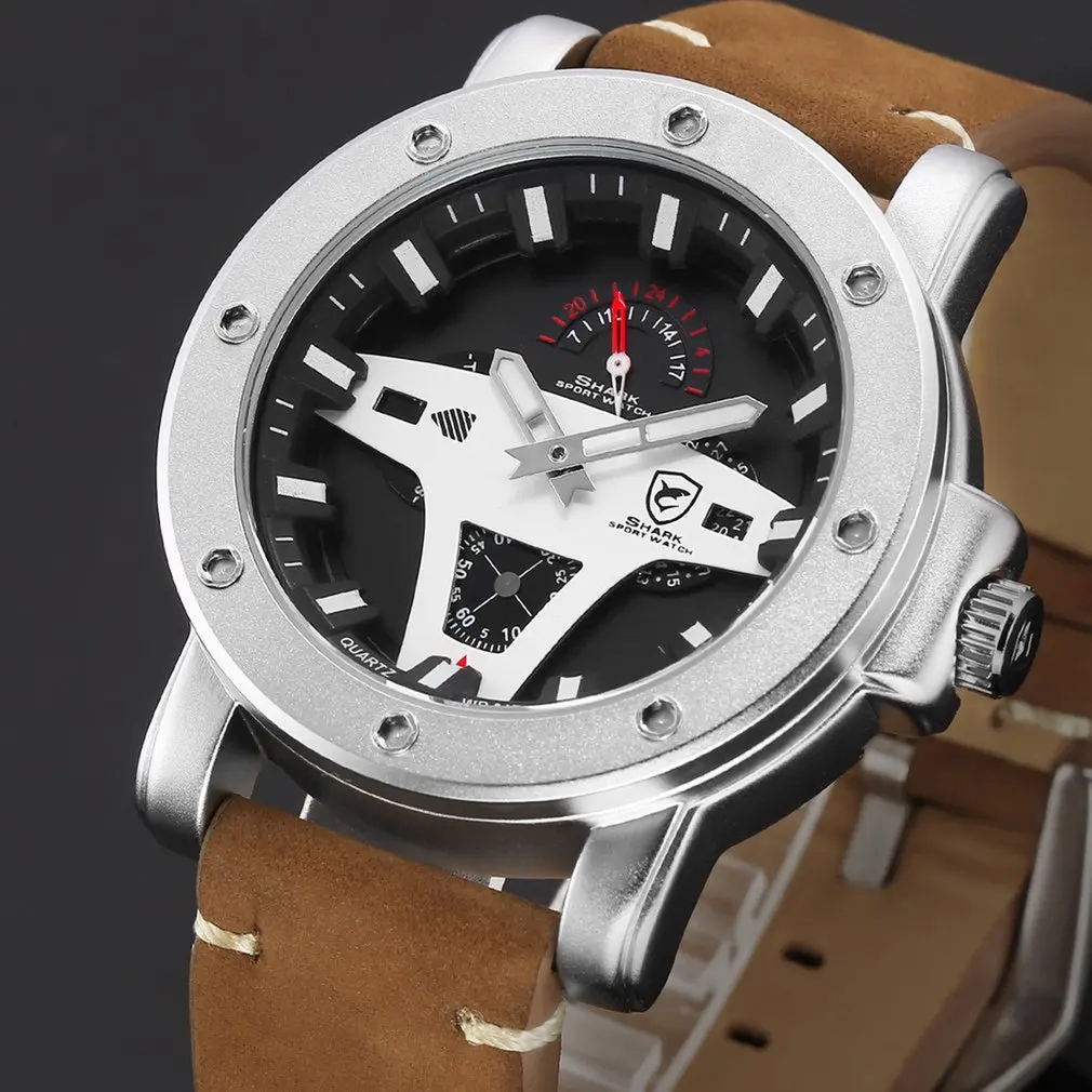 Гренландская Акула 2 серии спортивные часы люксовый бренд Желтый Дата Crazy Horse кожа кварцевые мужские наручные часы Orologio Uomo/SH455 - Цвет: Brown SH453