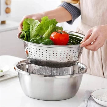 

Multifunctional Stainless Steel Basin Sink Kitchen Colander Fine Mesh Basket Vegetable Washing Bowl 3PCS Set Dropshipping