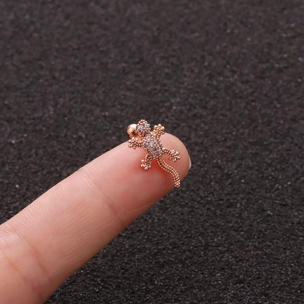 rose gold Personality Creative Animal Gecko Cartilage Earrings Stainless Steel Lizard Reptile Thread Stud Earrings Fashion Jewelry - Окраска металла: rose gold