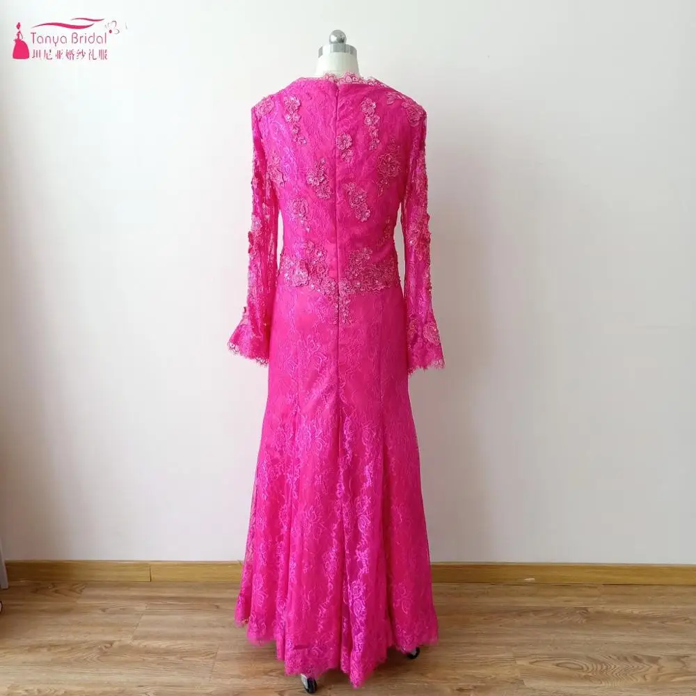 Торжественное платье для мамы невесты Fushia vestido de madrinha с длинными расклешенными рукавами, кружевное платье русалки, большие размеры, женское официальное платье DQG984