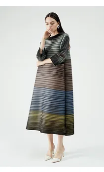 

HOT SELLING Miyake Retro striped pleated loose stand three quarter women DRESS IN STOCK