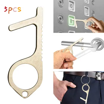 

5pcs In Stock Noncontact Door Opener Hook Elevator Button Hygiene Door Closer Handheld Brass Edc Keychain Offering Utlity Tool