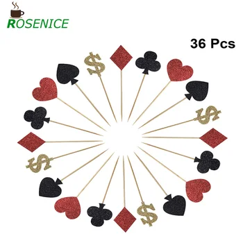 

36pcs Glitter Paper Cake Toppers Casino Theme Cake Picks Creative Poker Cake Decoration Birthday Party Dessert Insert Favor(9pcs