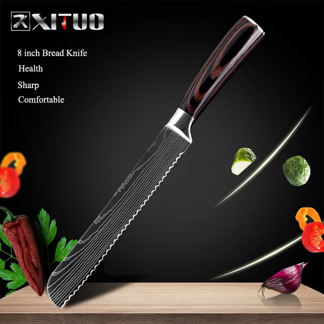 XITUO Chef knife 1-10 Pcs Set Kitchen Knives Laser Damascus Pattern Sharp Japanese Santoku Knife Cleaver Slicing Utility Knife 8 in Bread