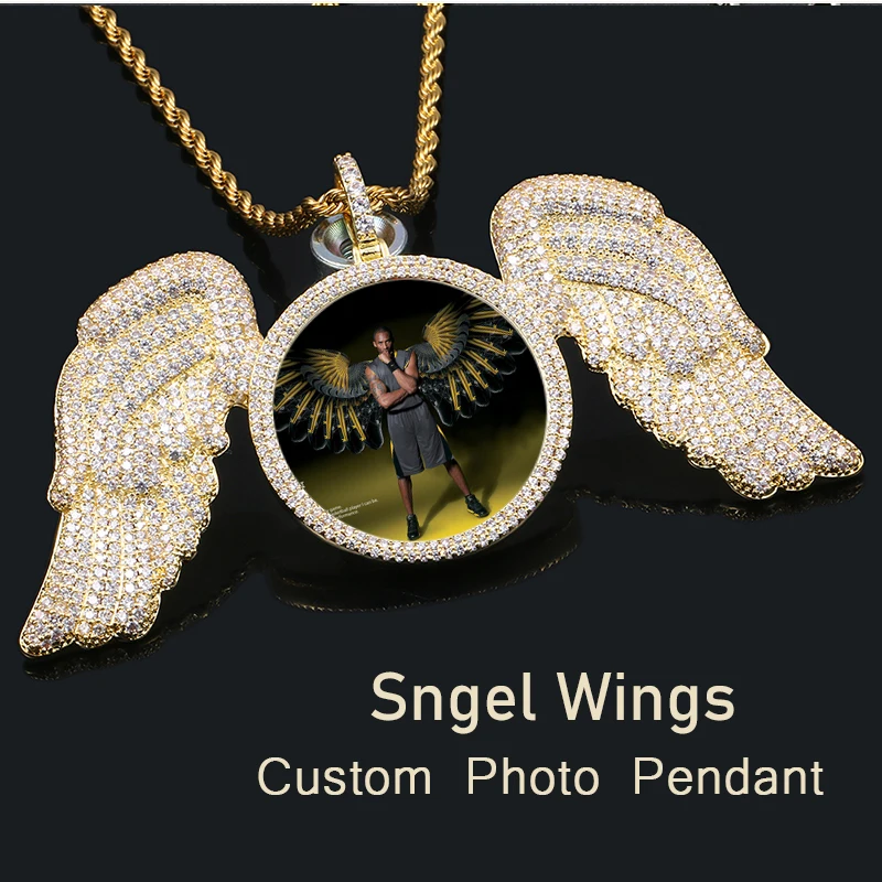 

Angel Wings Medallions Custom Photo Pendant Necklace For Men Hip Hop Jewelry Iced Out Pendant Custom Engraved Name Memory Gift