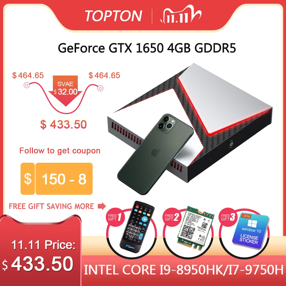 Intel Juego Mini PC Core i9 9980HK i7 9750H i5 9300H Nvidia GTX 1650 4GB juego de escritorio 2 * DDR4 64GB Windows 10 4K DP HDMI AC WiFi
