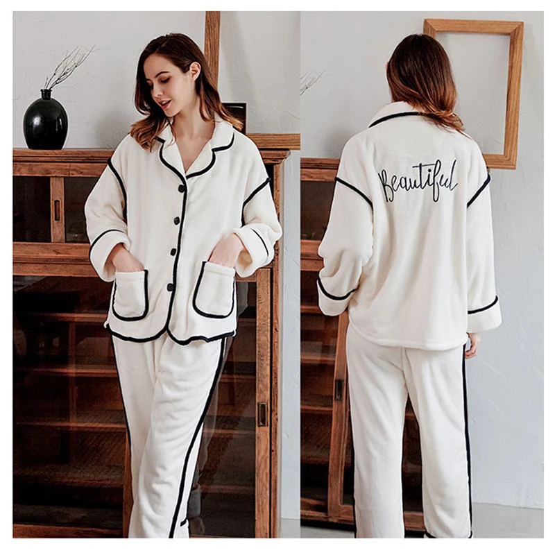 CAVME 1 White Зимние пижамные комплекты для женщин, утепленные фланелевые комплекты из 2 предметов, Дамская пижама, пижамный комплект, сплошной цвет, элегантные, большие размеры - Цвет: CAVME 1 White