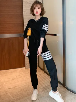 

Round Neck Sleeve Contrasting Striped Top + Elastic High Waist Pants Set Women's Fall 2020 New