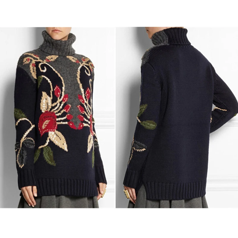 COLOREE осень зима женский свитер Элегантная вышивка длинный рукав подиумный дизайнерский свитер винтажный пуловер с высоким воротом