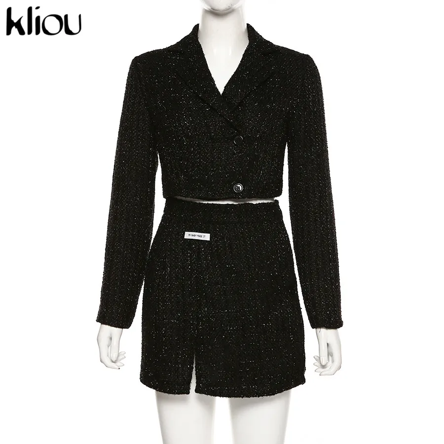 Kliou Модный комплект из 2 предметов, плотная одежда черного цвета, женское двубортное пальто с длинным рукавом+ высокая талия, мини-юбка с разрезом, комплект
