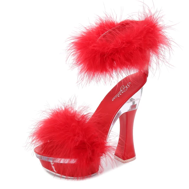 2020 New 4 Color Feather Thick High Heels Platform Sandals Women 14cm 17cm Heels Shoes Female Summer Hair Wedding Pumps WS311 Red 14cm