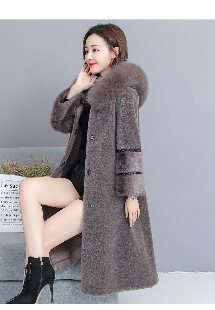 Зимнее меховое пальто для женщин овечья стрижка тонкое длинное пальто роскошная норковая шерсть теплая верхняя одежда большой мех с капюшоном меховая куртка верхняя одежда