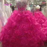 Quinceanera Dress Hot Pink Beaded Crystal Sweetheart Long
