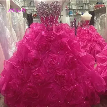Hot Pink Beaded Crystals Quinceanera Dress Ball Gown Sweetheart Long Prom Party Dress Sweet 16 Party Gowns vestidos de 15 años 1