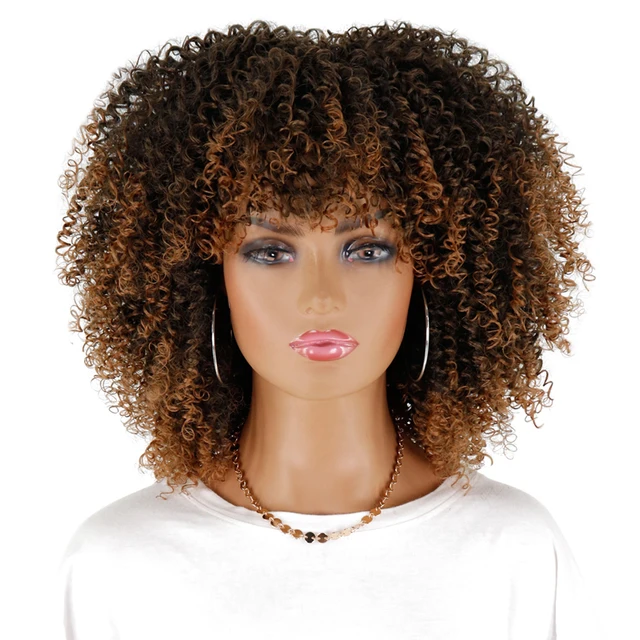 LINGHANG Short Hair Afro Kinky Curly Wigs With Bangs For Black Women African Synthetic Omber Glueless Cosplay Wigs Gradient Hair 1B/30HL