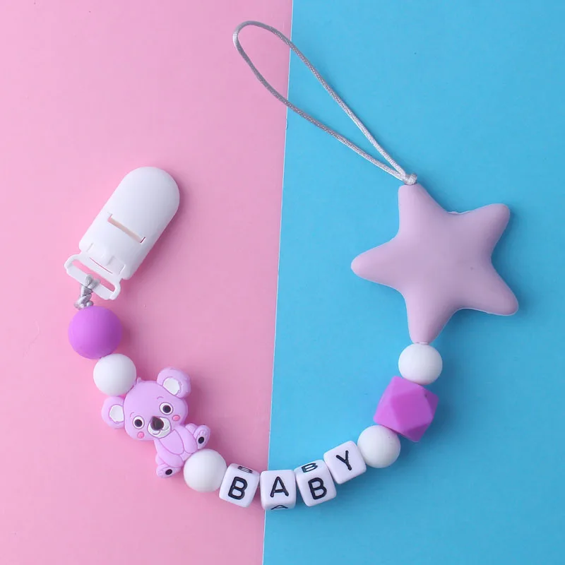 Детская Соска-пустышка с мультипликационным принтом «сделай сам», цепочка для соски с силиконовыми бусинами, пластиковый держатель для кормления младенцев, грызунок, жевательные игрушки, зажимы для пустышки - Цвет: Purple