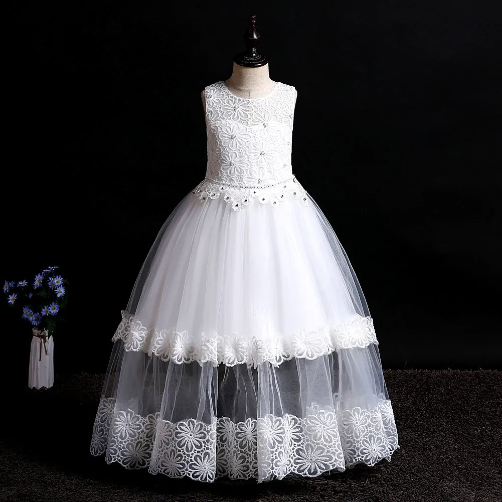 Детские платья принцессы на выпускной детское бальное платье из сетчатой ткани длиной до пола, вечерние платья для девочек 5-16 лет - Цвет: Белый
