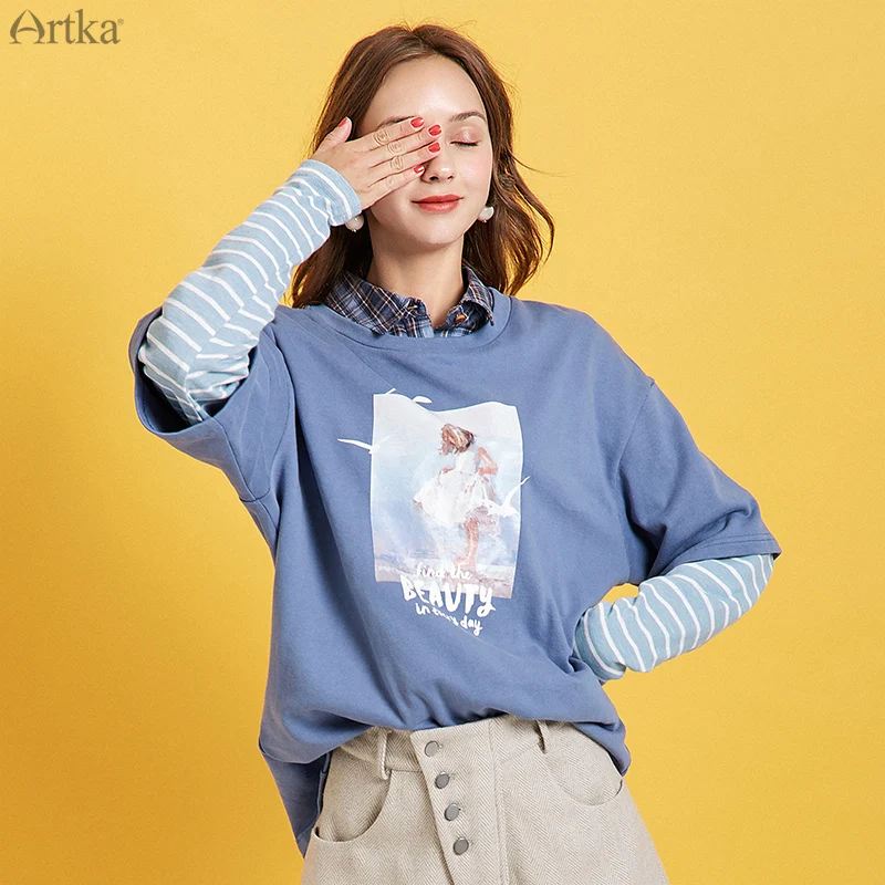 ARTKA, осенняя новинка, Женская Полосатая футболка с длинным рукавом, имитация двух частей, футболка с круглым вырезом, модный принт, Повседневная футболка для женщин VA10794Q