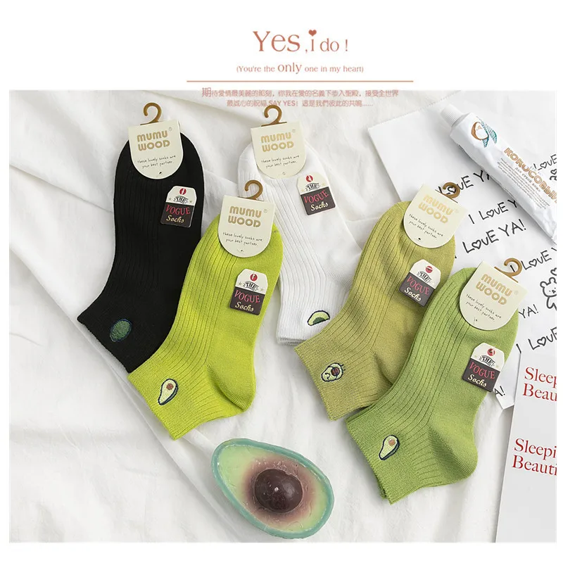 Women Solid Avocado Embroidery Socks Casual Joker Cotton Short Socks For Ladies Concise College Style Breathable